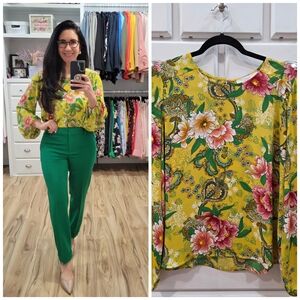 LOFT Yellow Floral Long-Sleeve Blouse with Pink and Green Accents